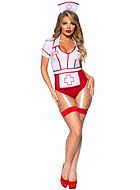 Nurse, teddy costume, short sleeves, front zipper, collar, built-in garter belt strap, apron